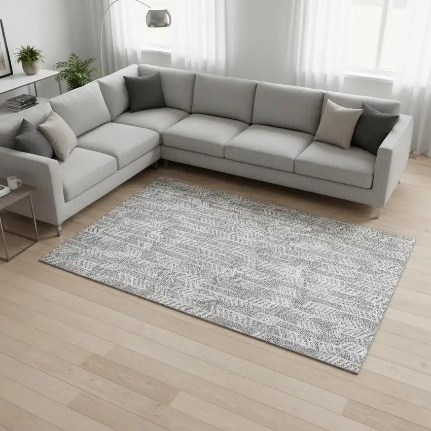 Gray And Ivory Tribal Washable Area Rug With UV Protection Photo 2