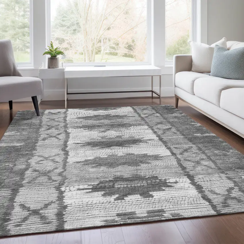 Gray And Ivory Tribal Washable Indoor Outdoor Area Rug Photo 7