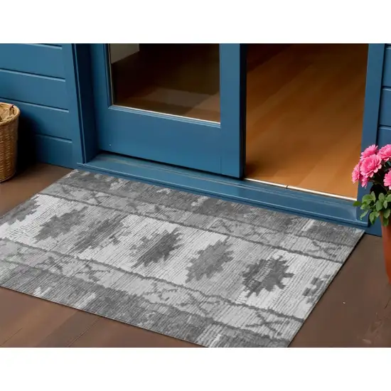 Gray And Ivory Tribal Washable Indoor Outdoor Area Rug Photo 2
