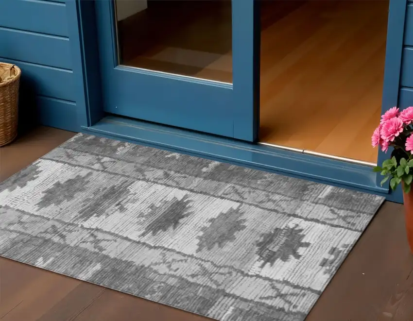 Gray And Ivory Tribal Washable Indoor Outdoor Area Rug Photo 2