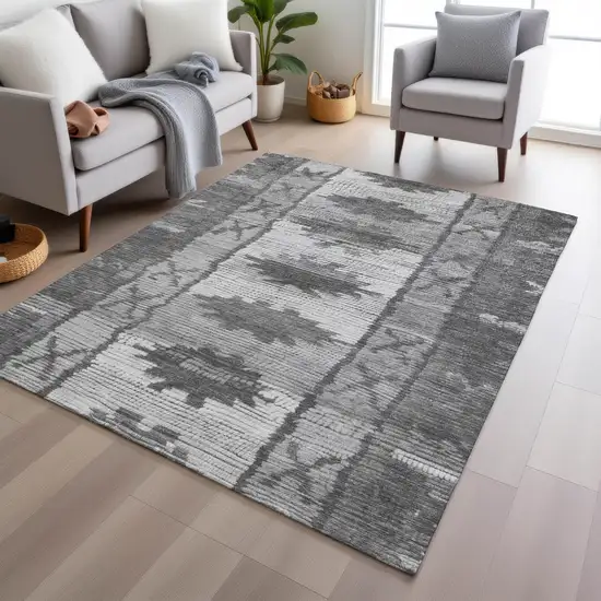Gray And Ivory Tribal Washable Indoor Outdoor Area Rug Photo 6