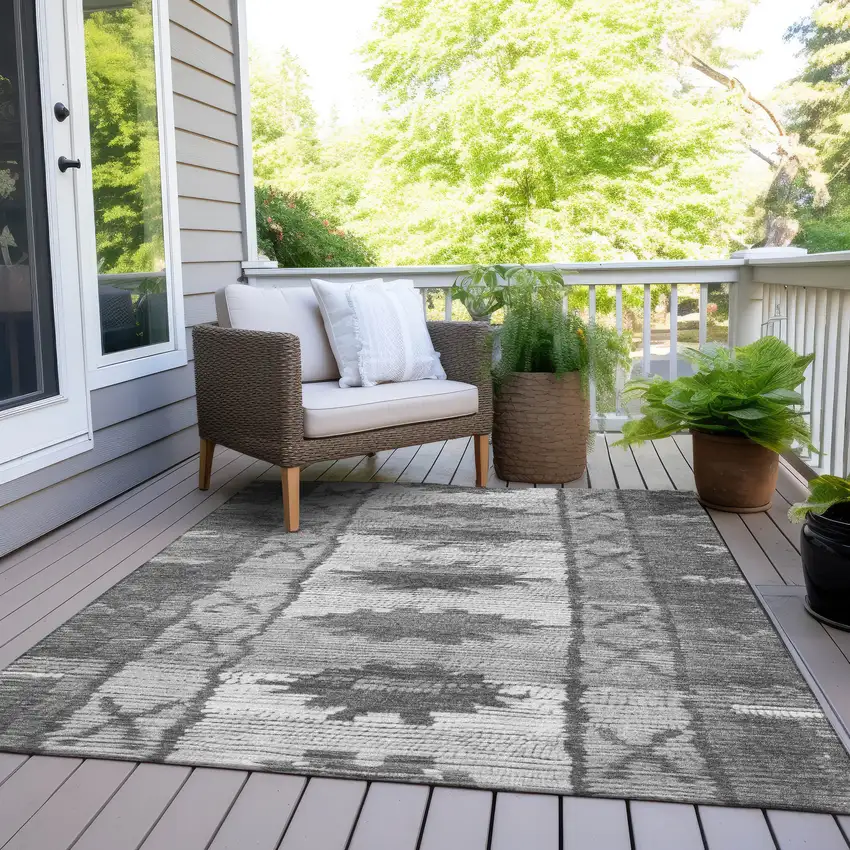 Gray And Ivory Tribal Washable Indoor Outdoor Area Rug Photo 8