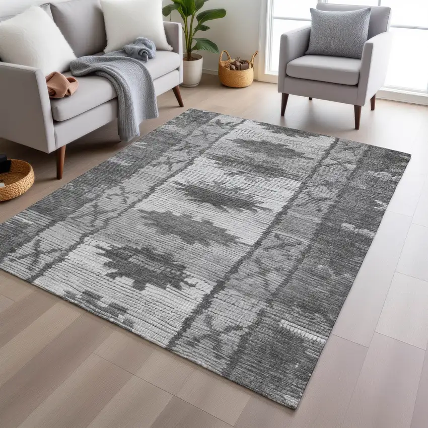 Gray And Ivory Tribal Washable Indoor Outdoor Area Rug Photo 5