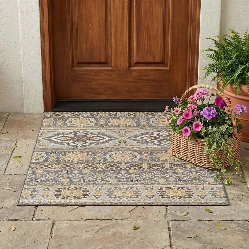 Gray And Ivory Tribal Washable Indoor Outdoor Area Rug Photo 1