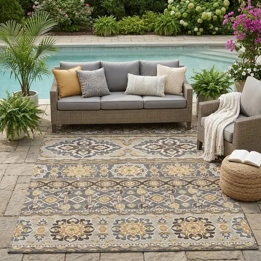 Gray And Ivory Tribal Washable Indoor Outdoor Area Rug Photo 1