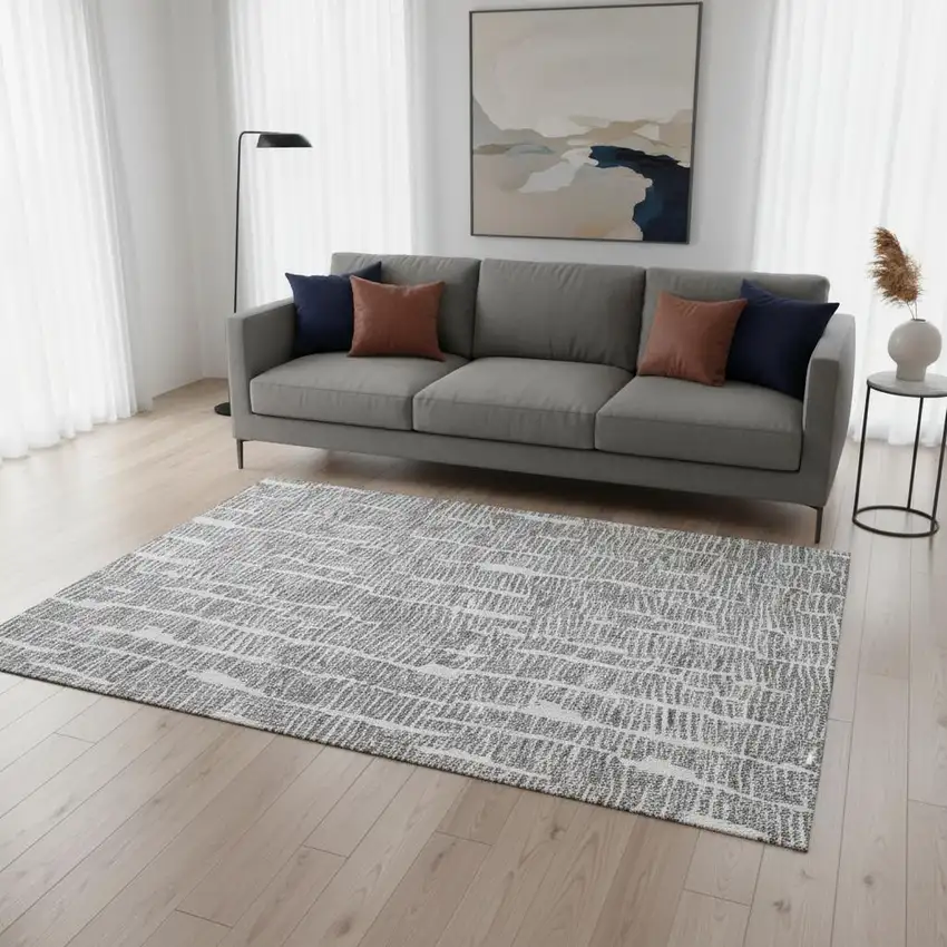 Gray And Ivory Vermicular Washable Area Rug With UV Protection Photo 2