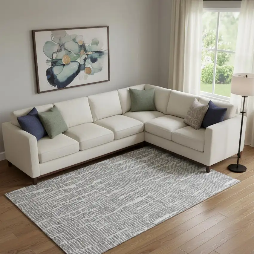 Gray And Ivory Vermicular Washable Area Rug With UV Protection Photo 1