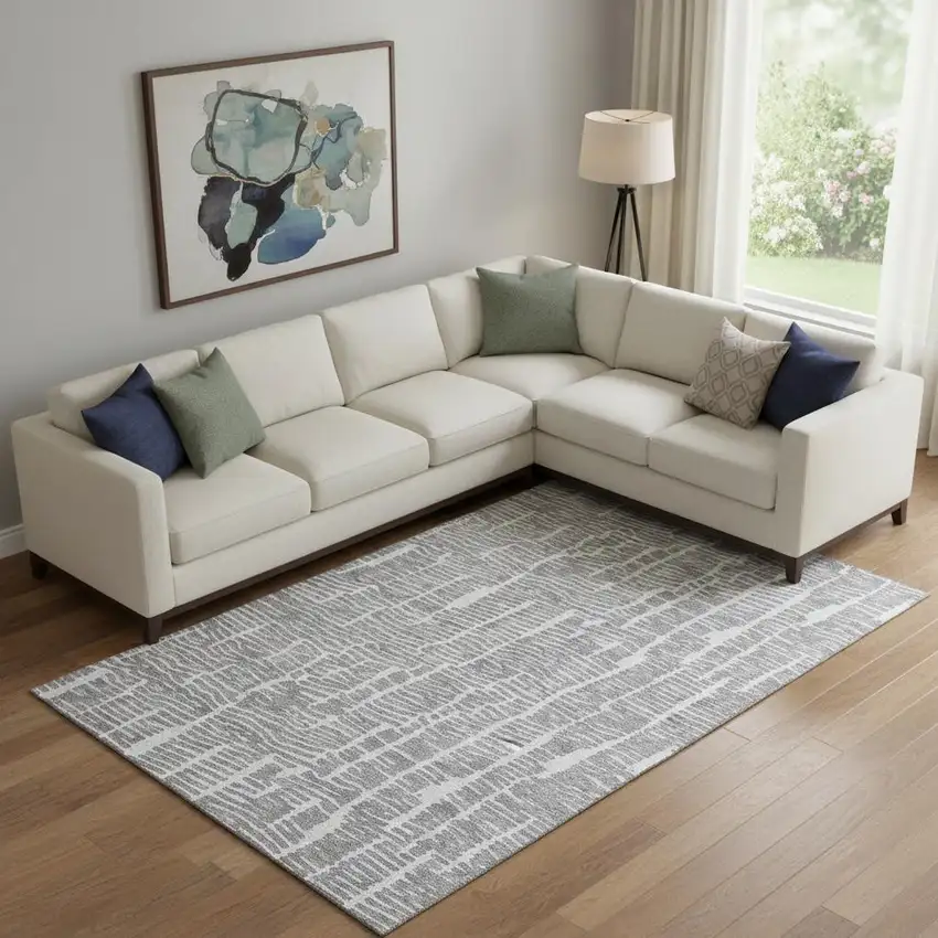 Gray And Ivory Vermicular Washable Area Rug With UV Protection Photo 1