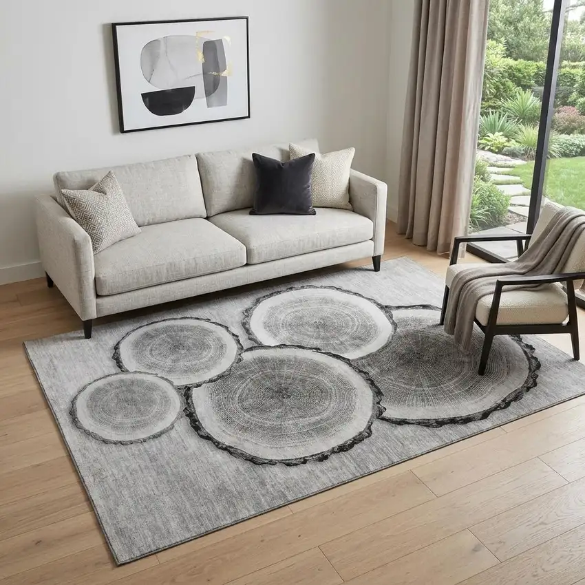 Gray And Ivory Faux Bois Washable Area Rug With UV Protection Photo 1