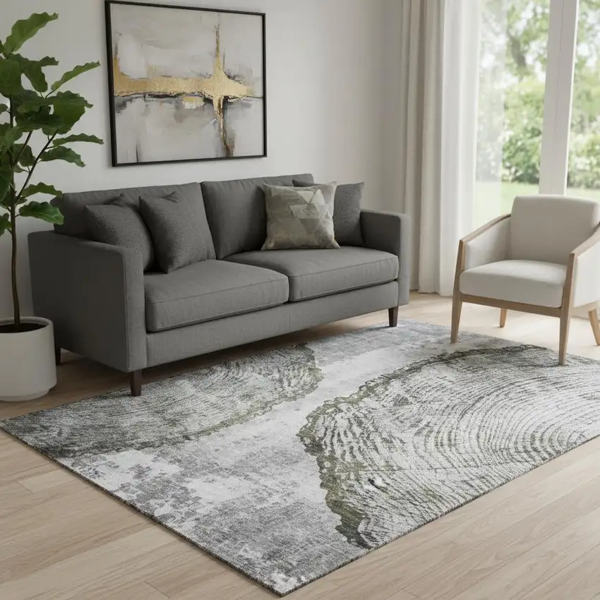 Gray And Ivory Woodland Lodge Washable Area Rug With UV Protection Photo 1