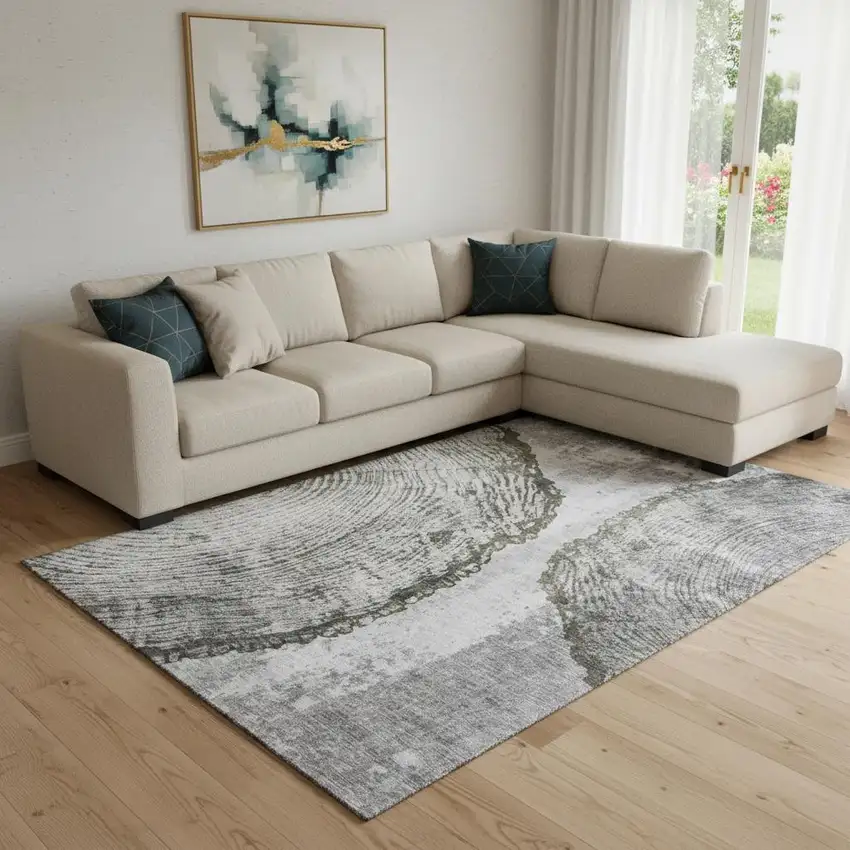 Gray And Ivory Woodland Lodge Washable Area Rug With UV Protection Photo 1