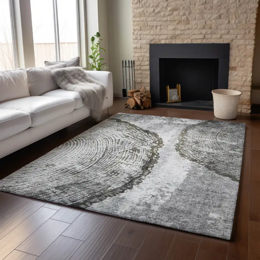 Gray And Ivory Woodland Lodge Washable Area Rug With UV Protection Photo 5