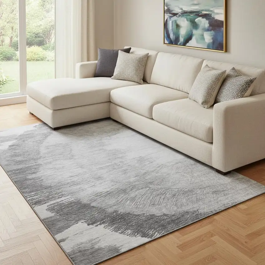 Gray And Ivory Woodland Lodge Washable Area Rug With UV Protection Photo 1