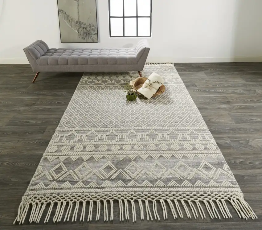 Gray And Ivory Wool Geometric Hand Woven Area Rug With Fringe Photo 1