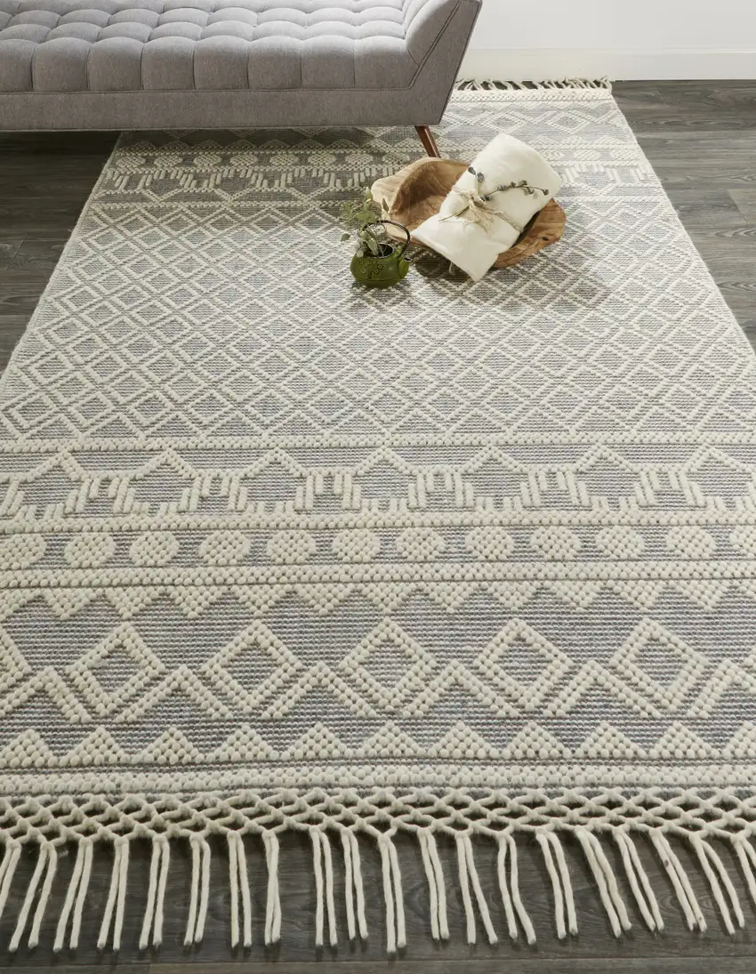 Gray And Ivory Wool Geometric Hand Woven Area Rug With Fringe Photo 2