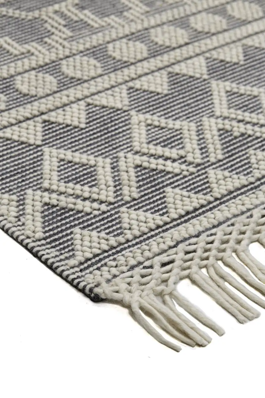 Gray And Ivory Wool Geometric Hand Woven Area Rug With Fringe Photo 4