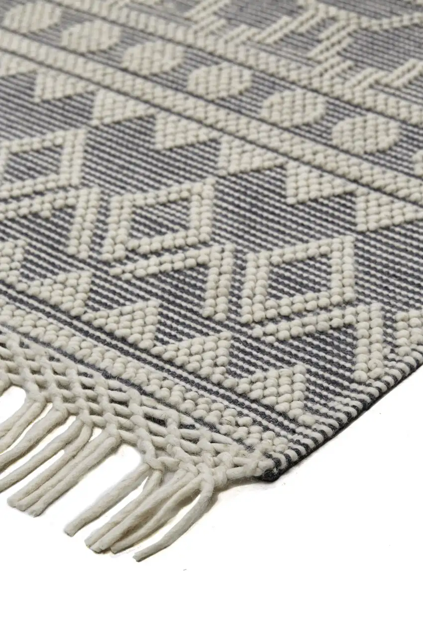 Gray And Ivory Wool Geometric Hand Woven Area Rug With Fringe Photo 3