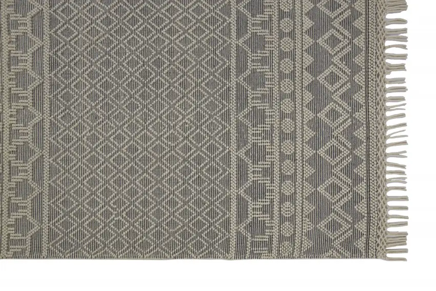 Gray And Ivory Wool Geometric Hand Woven Area Rug With Fringe Photo 6
