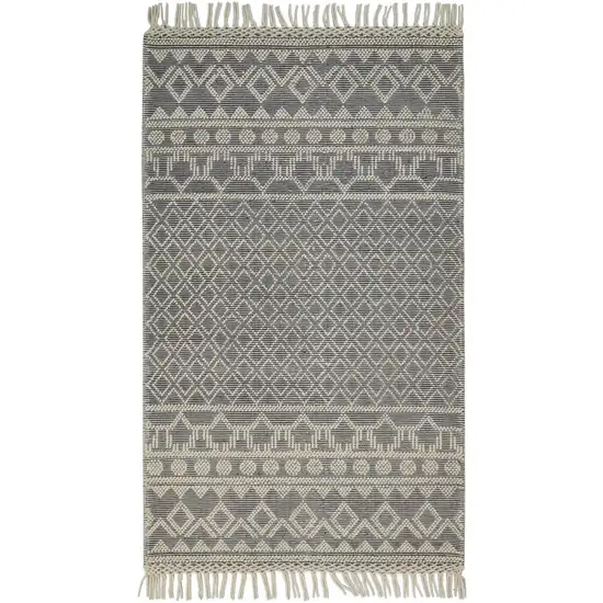 Gray And Ivory Wool Geometric Hand Woven Area Rug With Fringe Photo 1