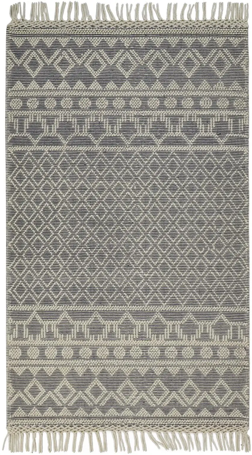 Gray And Ivory Wool Geometric Hand Woven Area Rug With Fringe Photo 1