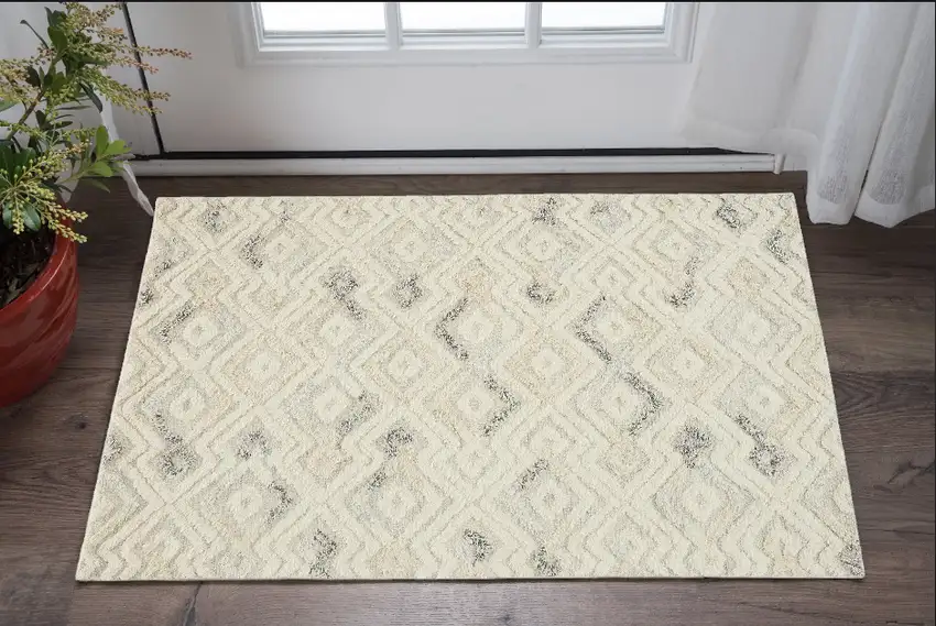 Gray And Ivory Wool Geometric Handmade Area Rug Photo 1