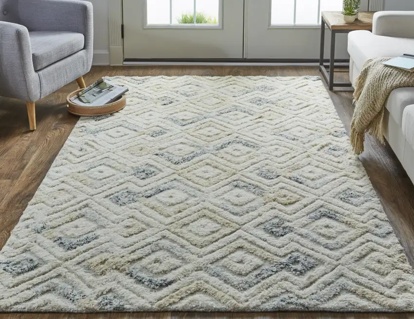 Ivory Gray And Black Wool Geometric Hand Tufted Area Rug Photo 7