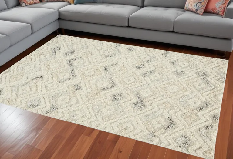 Gray And Ivory Wool Geometric Tufted Handmade Area Rug Photo 1