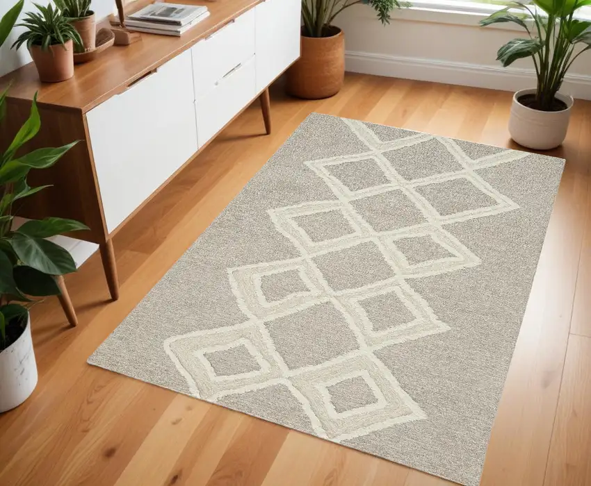 Gray And Ivory Wool Geometric Tufted Handmade Stain Resistant Area Rug Photo 1