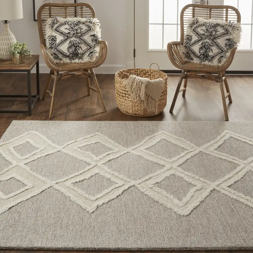Gray And Ivory Wool Geometric Tufted Handmade Stain Resistant Area Rug Photo 9