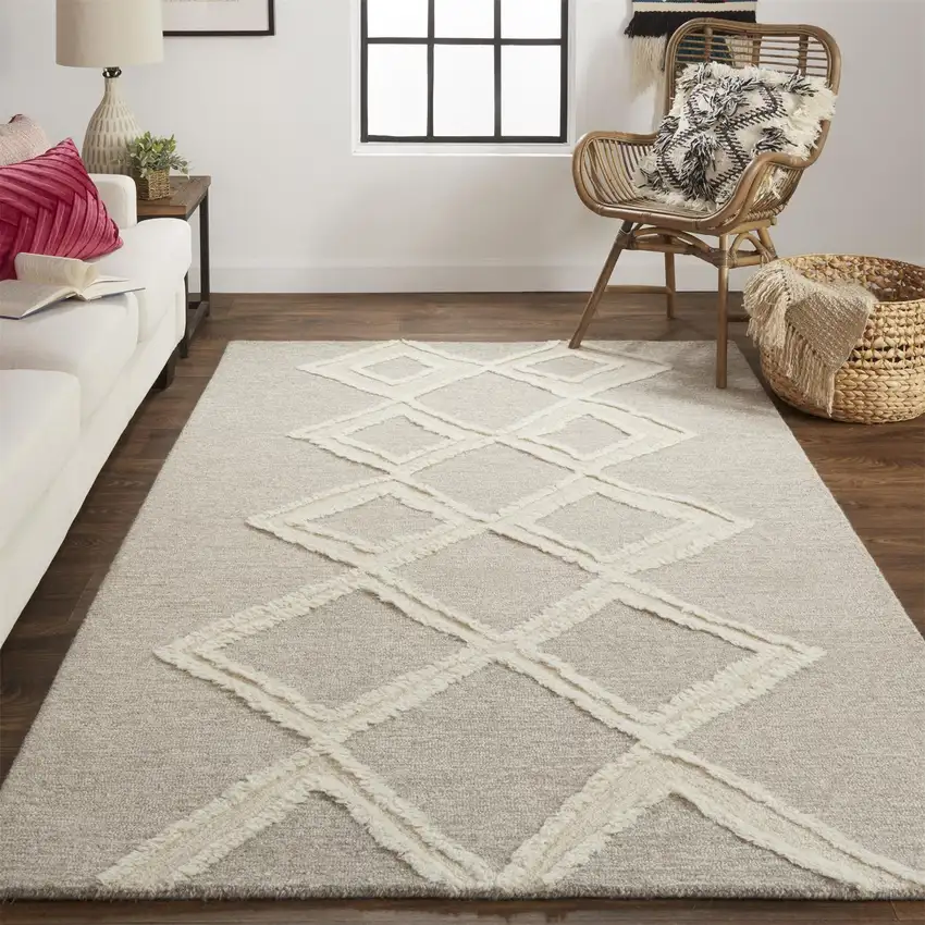 Gray And Ivory Wool Geometric Tufted Handmade Stain Resistant Area Rug Photo 7