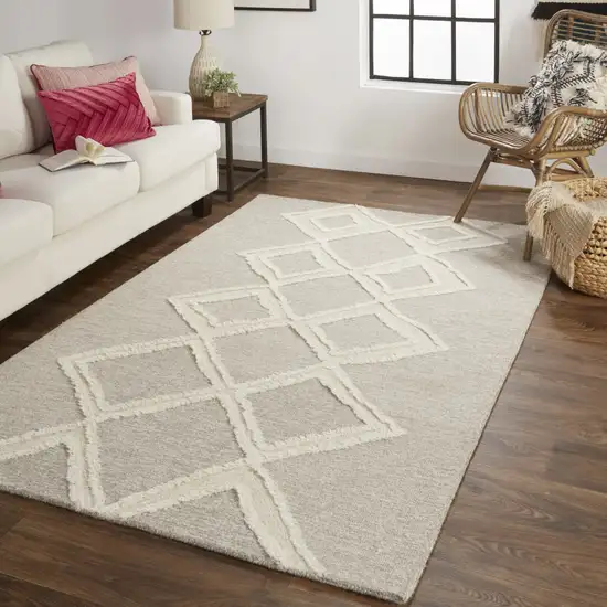 Gray And Ivory Wool Geometric Tufted Handmade Stain Resistant Area Rug Photo 8