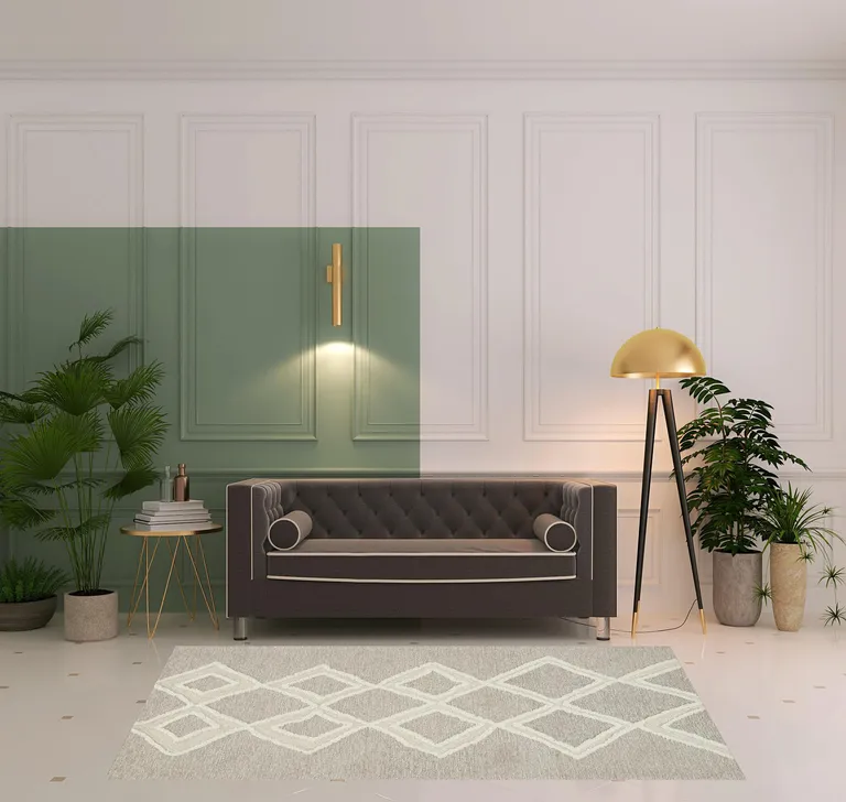 Gray And Ivory Wool Geometric Tufted Handmade Stain Resistant Area Rug Photo 5