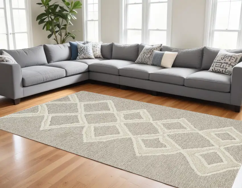 Gray And Ivory Wool Geometric Tufted Handmade Stain Resistant Area Rug Photo 1