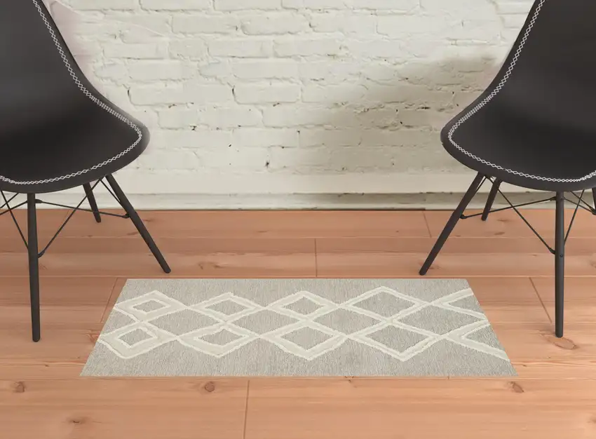 Gray And Ivory Wool Geometric Tufted Handmade Stain Resistant Area Rug Photo 2
