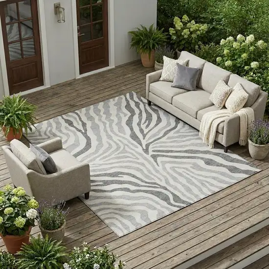 Gray And Ivory Zebra Print Washable Indoor Outdoor Area Rug Photo 1