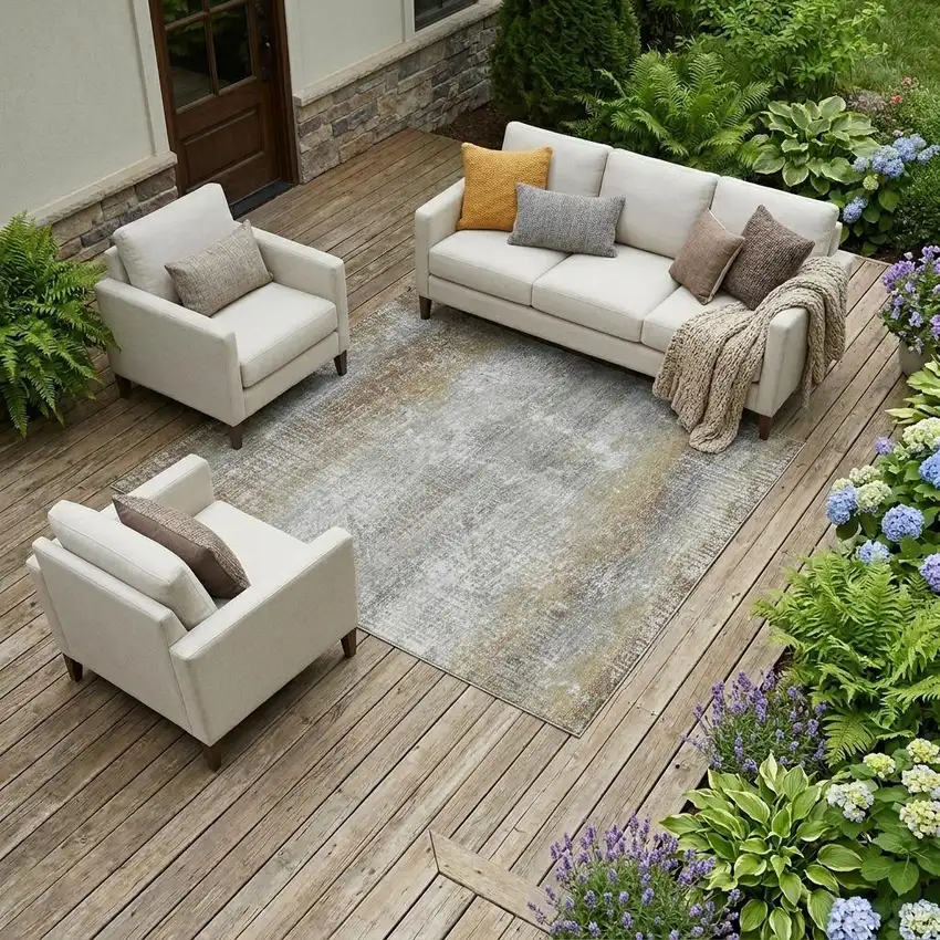 Gray And Khaki Abstract Washable Indoor Outdoor Area Rug Photo 1