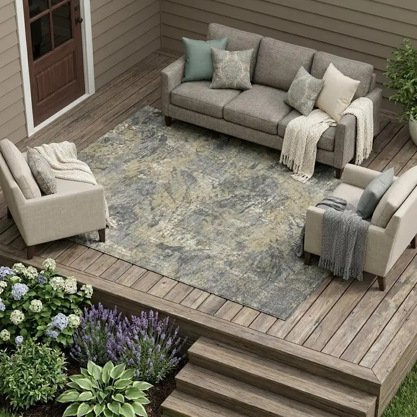 Gray And Khaki Abstract Washable Indoor Outdoor Area Rug Photo 1