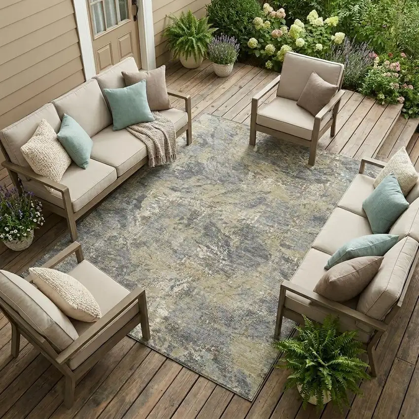 Gray And Khaki Abstract Washable Indoor Outdoor Area Rug Photo 1