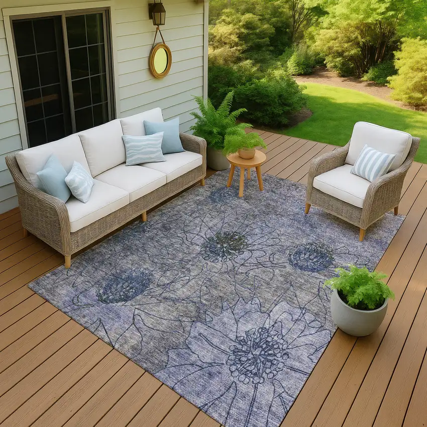 Gray And Lavender Floral Washable Indoor Outdoor Area Rug Photo 7