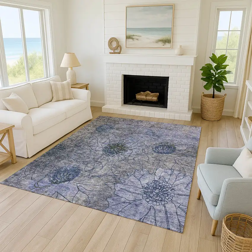 Gray And Lavender Floral Washable Indoor Outdoor Area Rug Photo 8