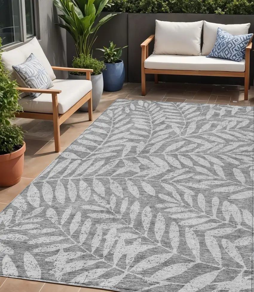 Gray And Light Gray Floral Washable Indoor Outdoor Area Rug Photo 1