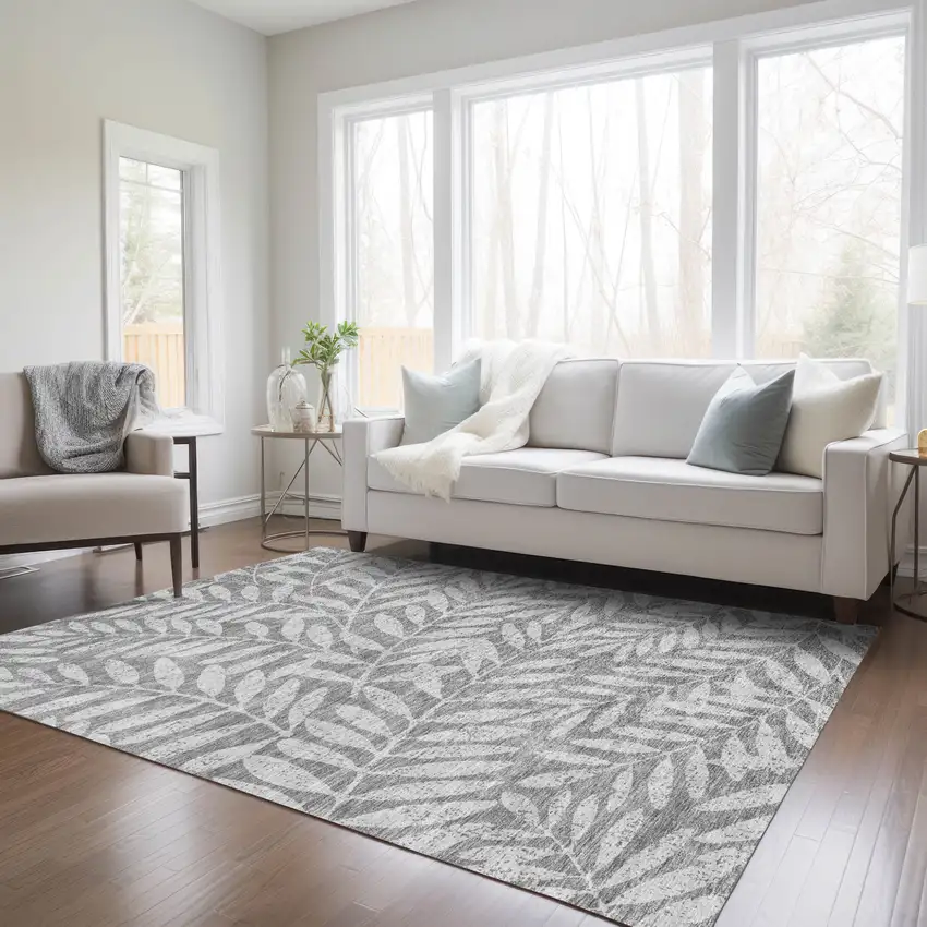 Gray And Light Gray Floral Washable Indoor Outdoor Area Rug Photo 9