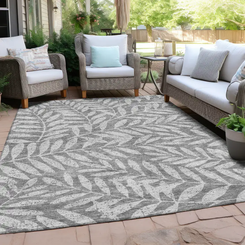 Gray And Light Gray Floral Washable Indoor Outdoor Area Rug Photo 8