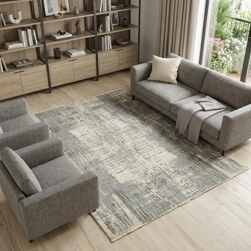 Gray And Light Gray New Zealand Lambs Wool Abstract Hand Carved Handmade Area Rug Photo 1