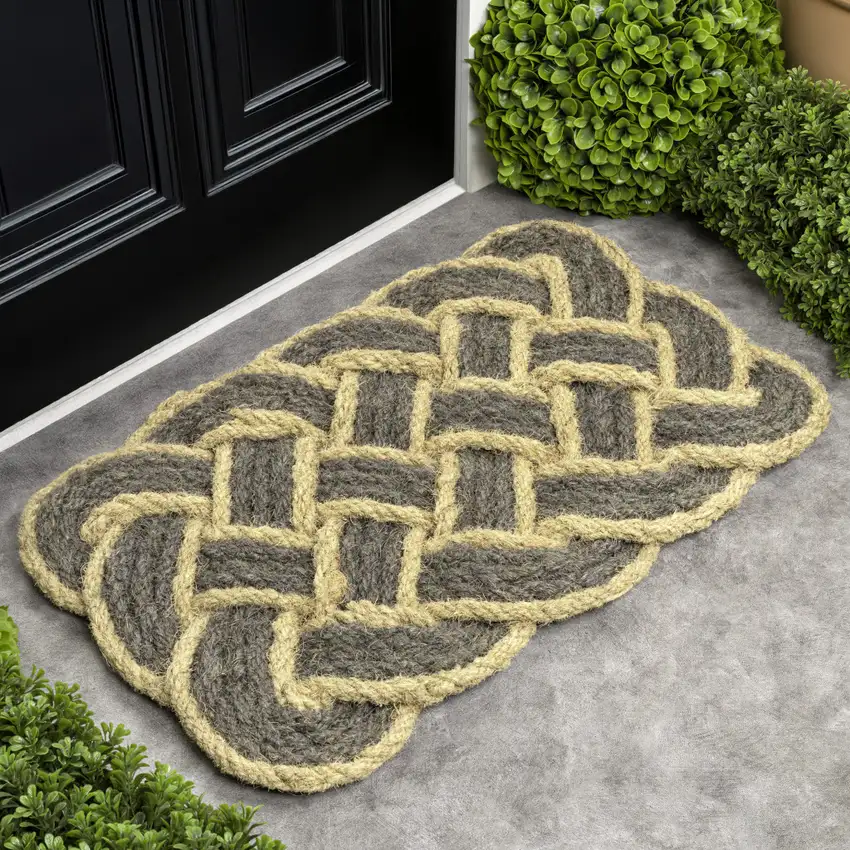 Gray And Light Yellow Geometric Handmade Indoor Outdoor Area Rug Photo 6
