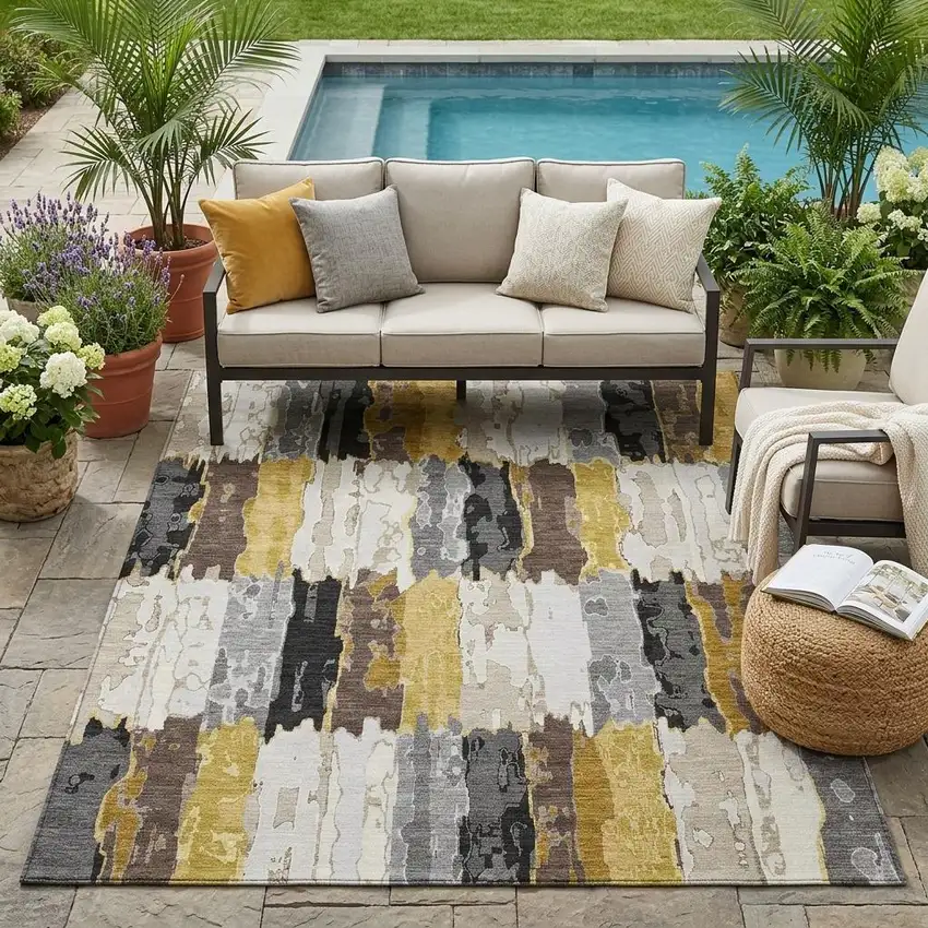 Gray And Linen Abstract Washable Indoor Outdoor Area Rug Photo 1