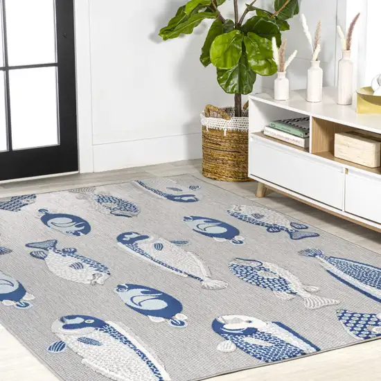 Gray And Navy Blue Animal Print Indoor Outdoor Area Rug Photo 9
