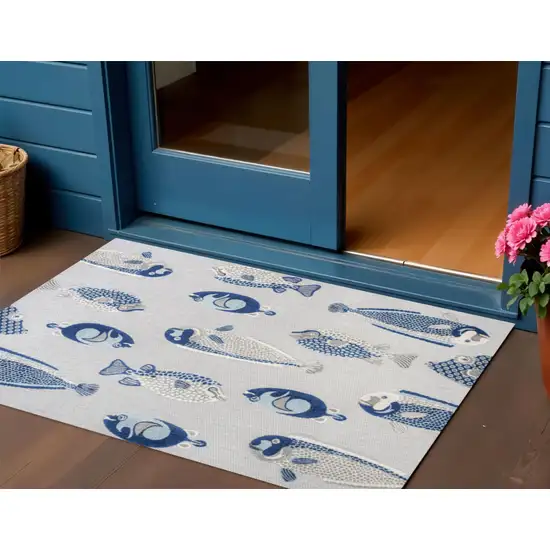 Gray And Navy Blue Animal Print Indoor Outdoor Area Rug Photo 1