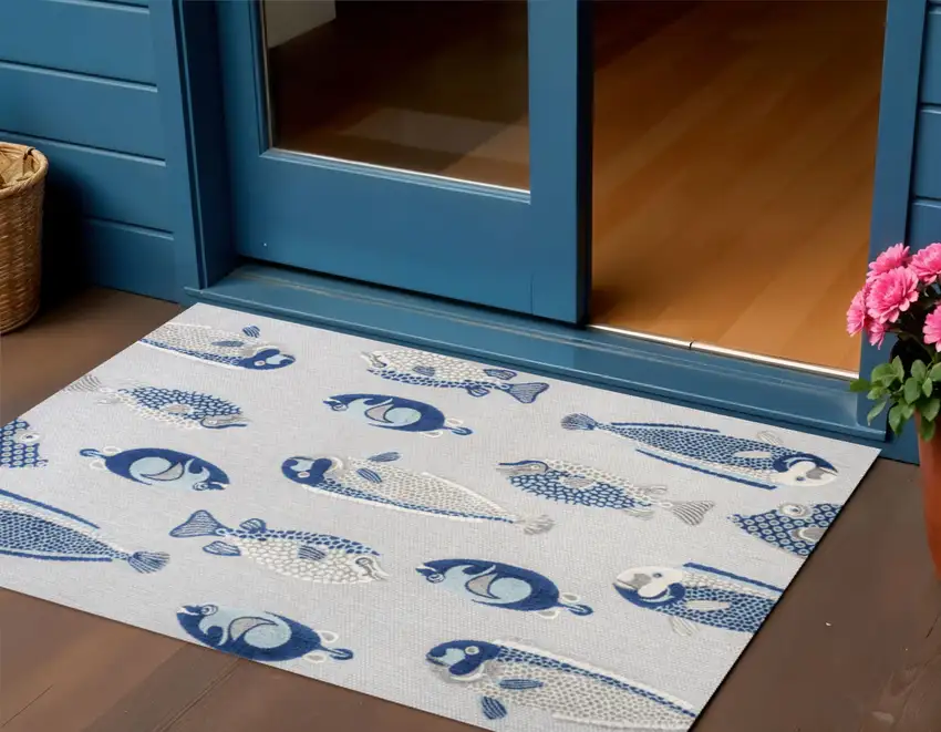 Gray And Navy Blue Animal Print Indoor Outdoor Area Rug Photo 1