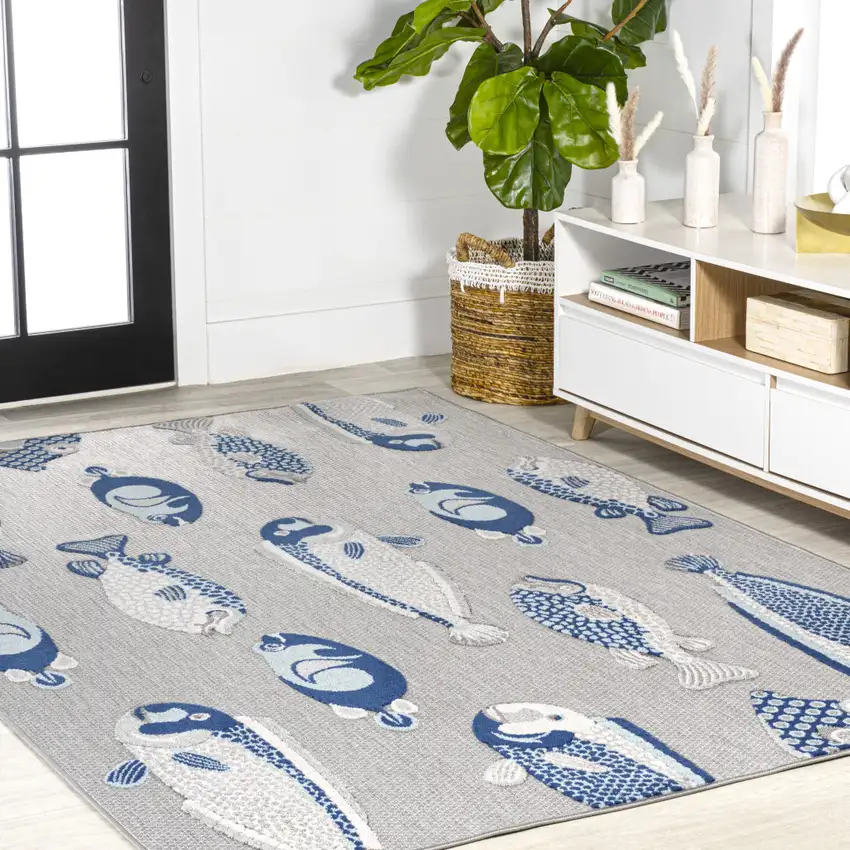 Gray And Navy Blue Animal Print Indoor Outdoor Area Rug Photo 9